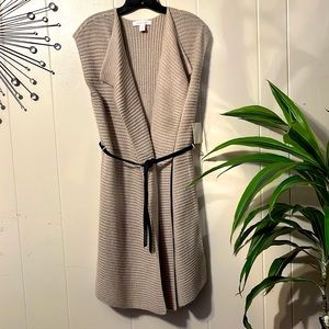 Ellen Tracy Sleeveless Open Belted Cardigan Sweater Wool Blend Size M